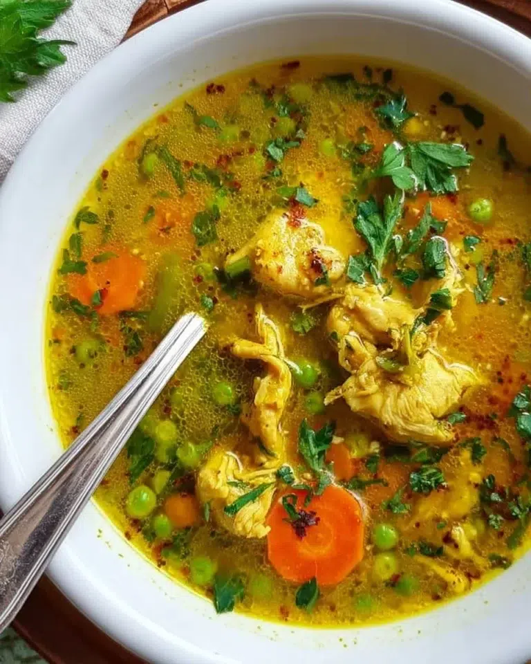 Bowl of anti-inflammatory turmeric chicken soup with herbs and spices