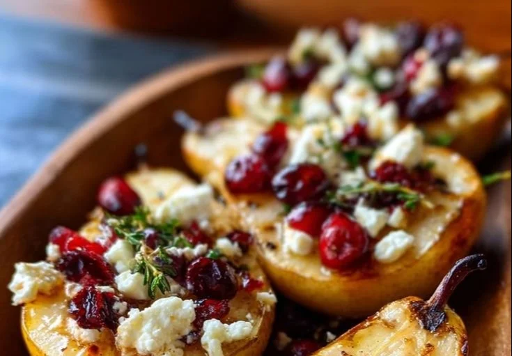 Baked pears topped with feta cheese, honey, and cranberries served on a plate
