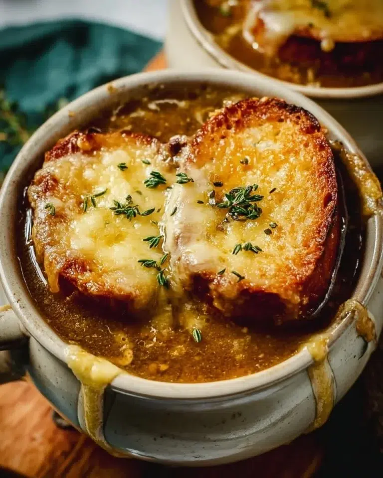 Bowl of the best French onion soup with melted cheese and caramelized onions