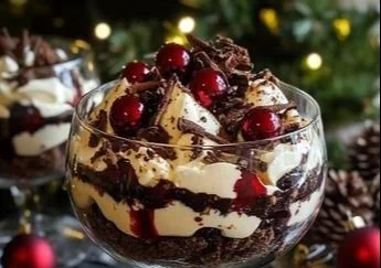 Delicious Black Forest Trifle with chocolate and cherries for Christmas dessert
