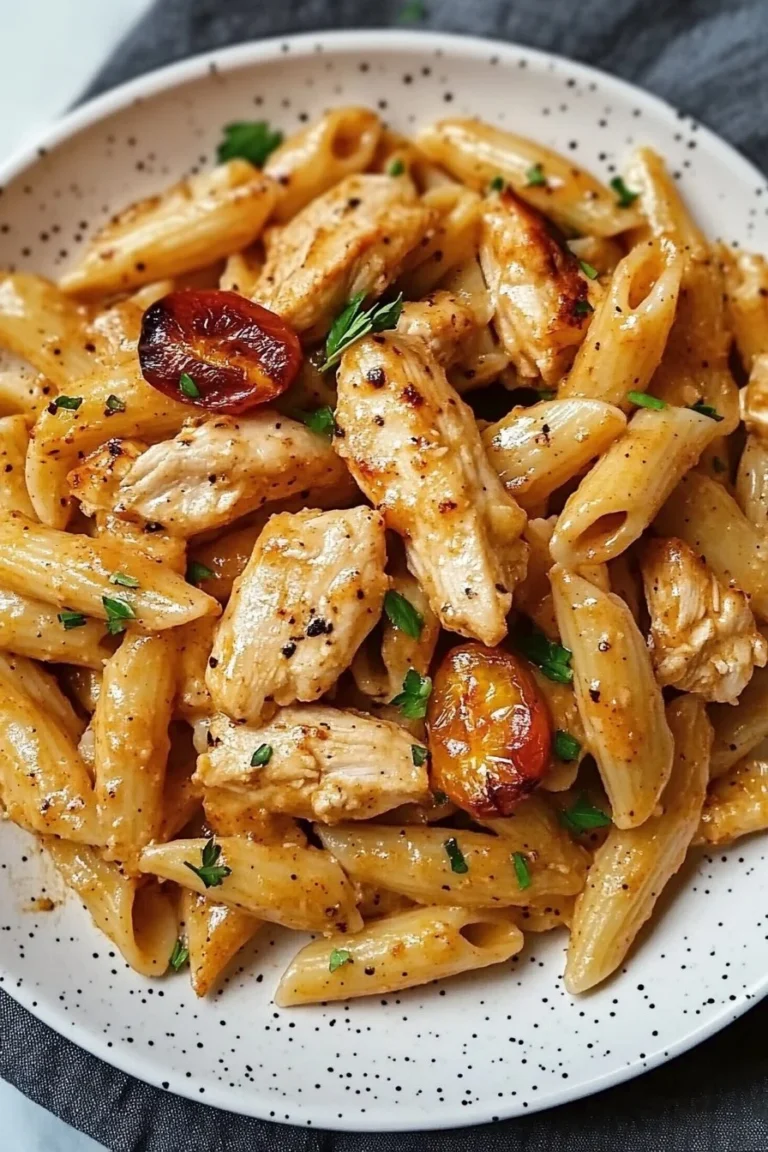 Plate of spicy Cajun chicken pasta garnished with herbs and served with vegetables