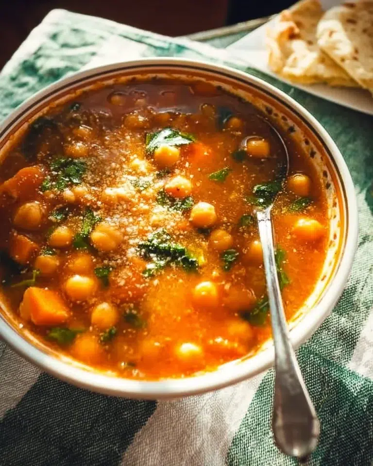 Bowl of delicious chickpea soup garnished with herbs and spices