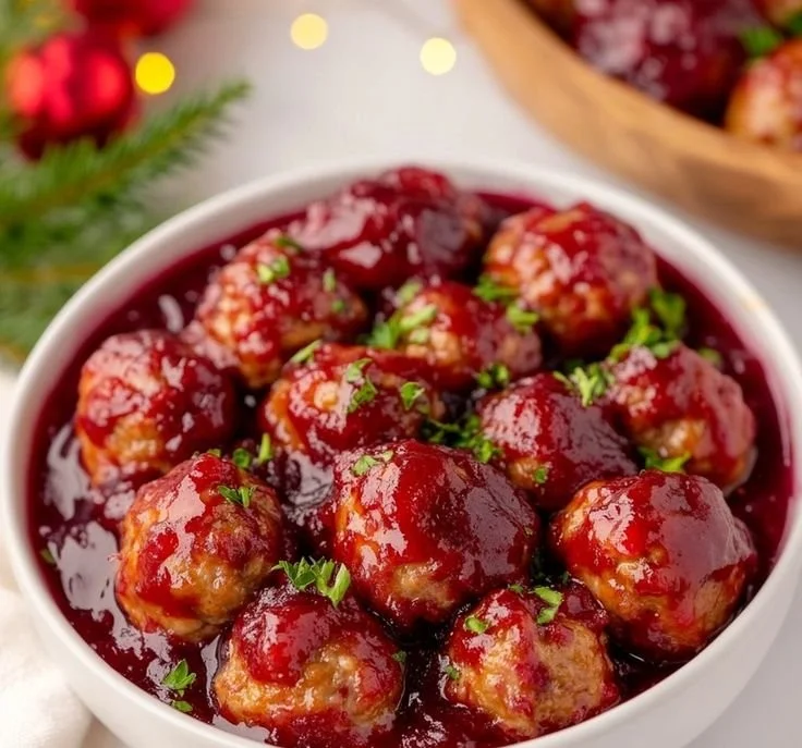 Delicious Christmas Cranberry Meatballs served on a festive plate.