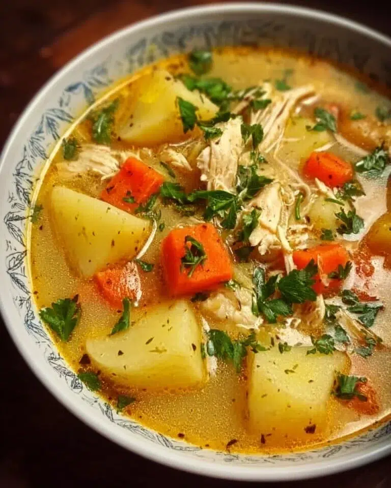 Bowl of comforting chicken soup with potatoes, garnished with fresh herbs.