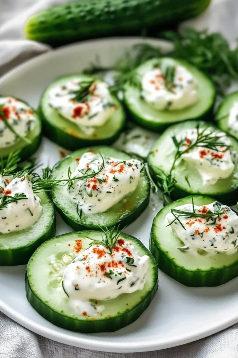 Plate of cool cucumber bites with creamy herbed cheese topping