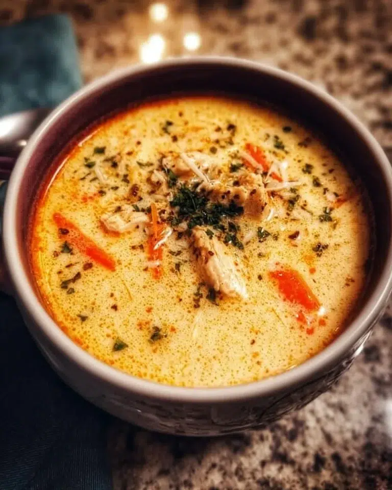 Bowl of creamy Cajun chicken soup garnished with herbs and spices