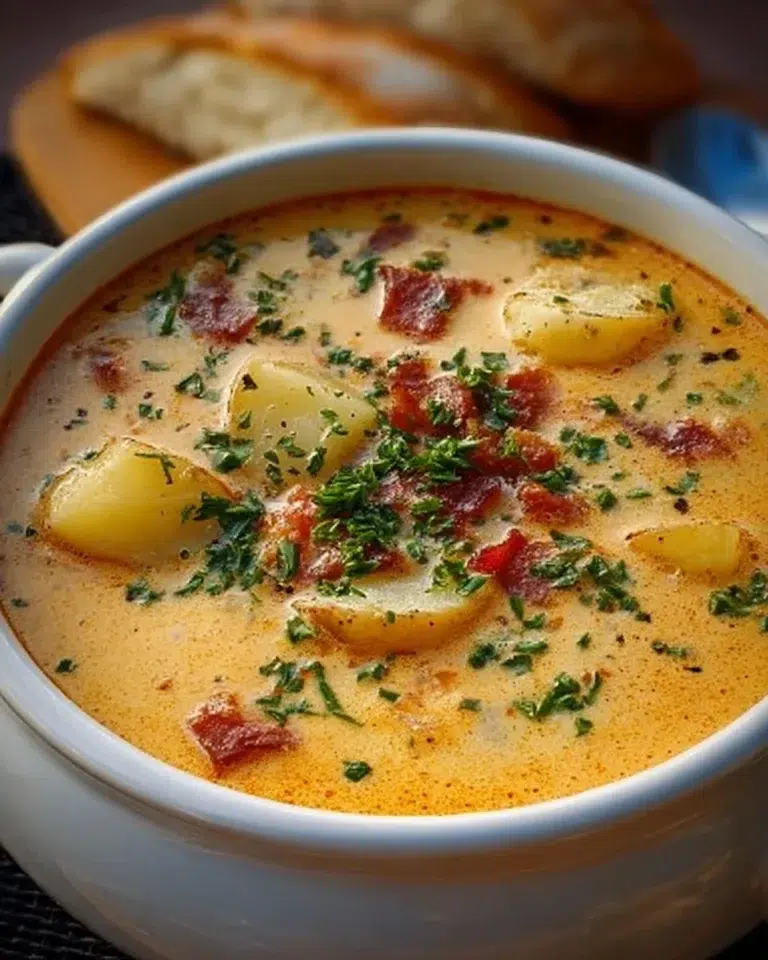 Bowl of creamy Cajun potato soup with herbs and spices, served warm.