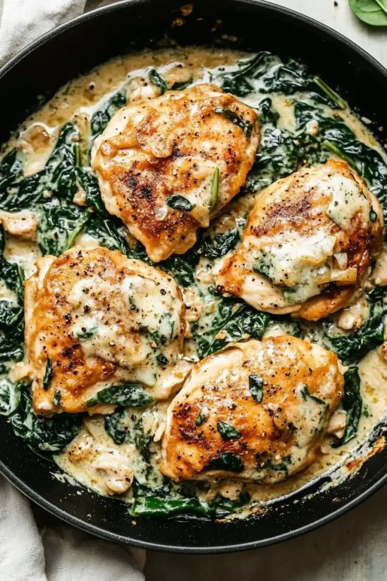 Creamy spinach garlic chicken dish served on a plate with herbs.