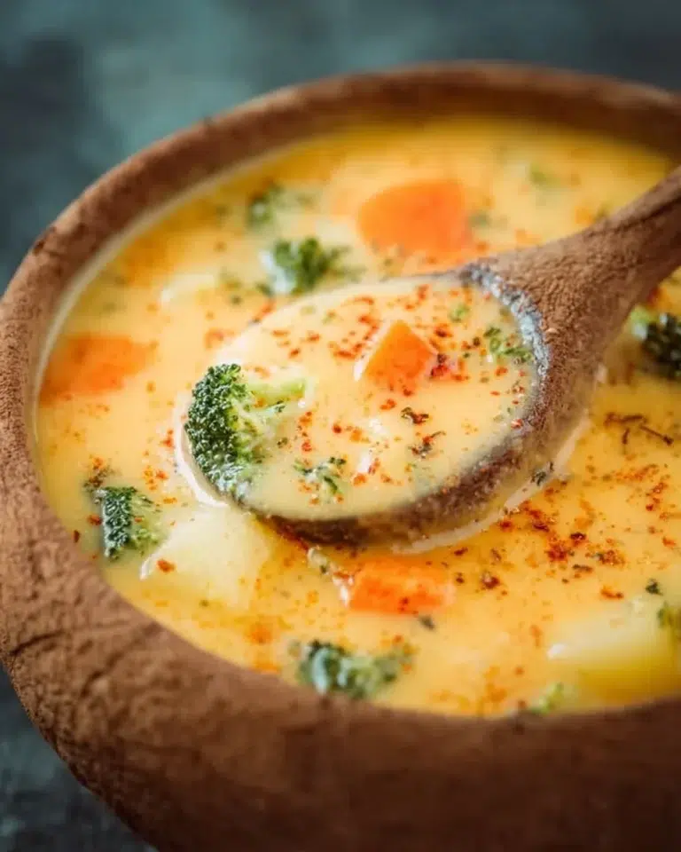Bowl of creamy vegetable soup garnished with fresh herbs and vegetables