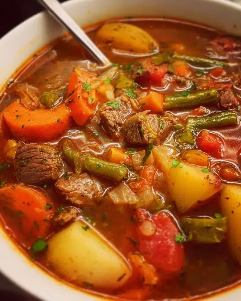 Crockpot Vegetable Beef Soup with fresh vegetables and tender beef