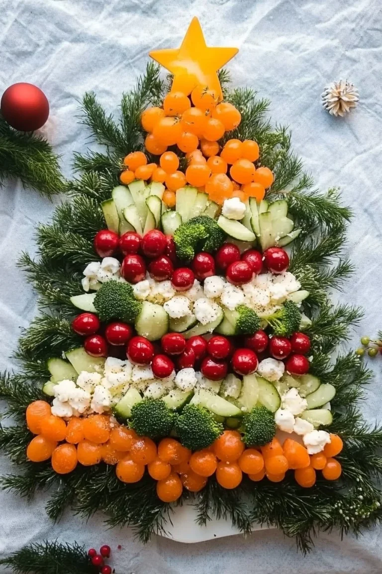 Festive Crudité Christmas Tree made with colorful vegetables and holiday decor.