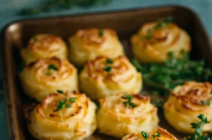Deliciously piped Duchess Potatoes on a white plate