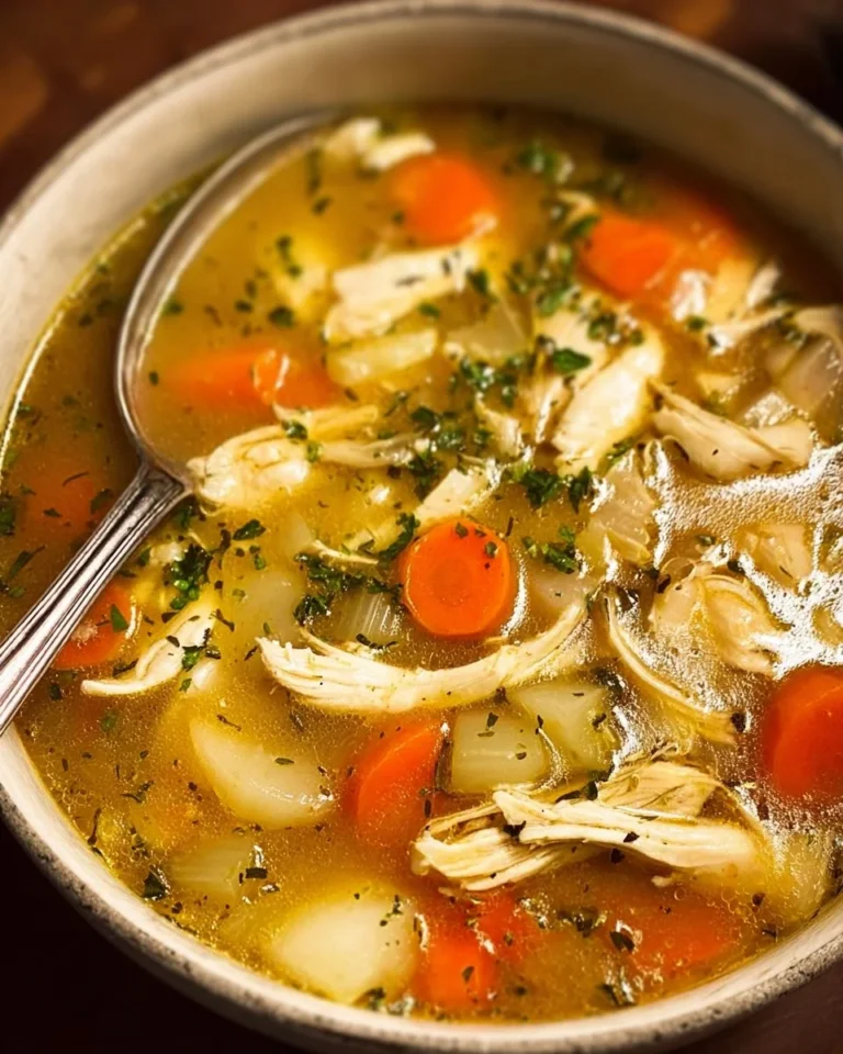 Bowl of easy and healthy chicken soup with fresh vegetables and herbs