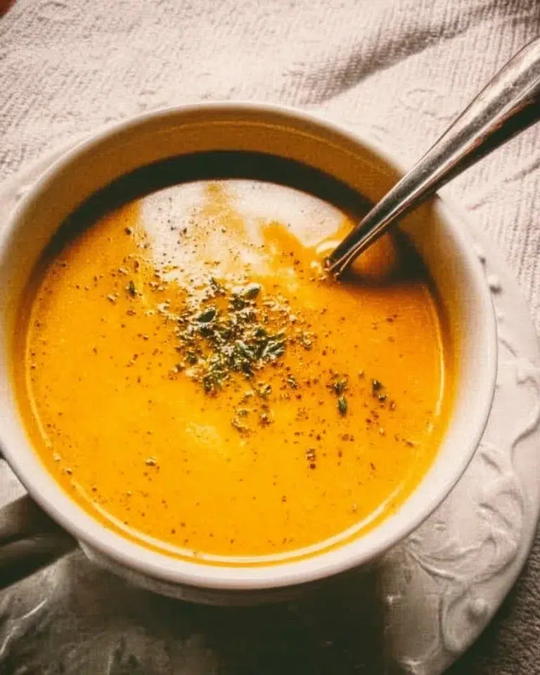 Bowl of easy pumpkin soup garnished with herbs and pumpkin seeds