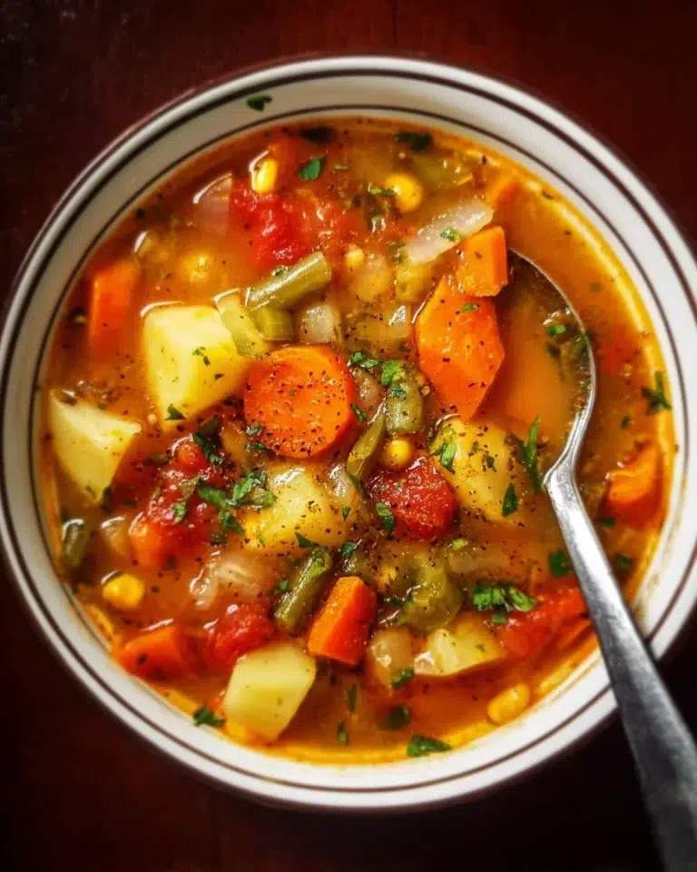 Bowl of homemade easy vegetable soup with fresh vegetables