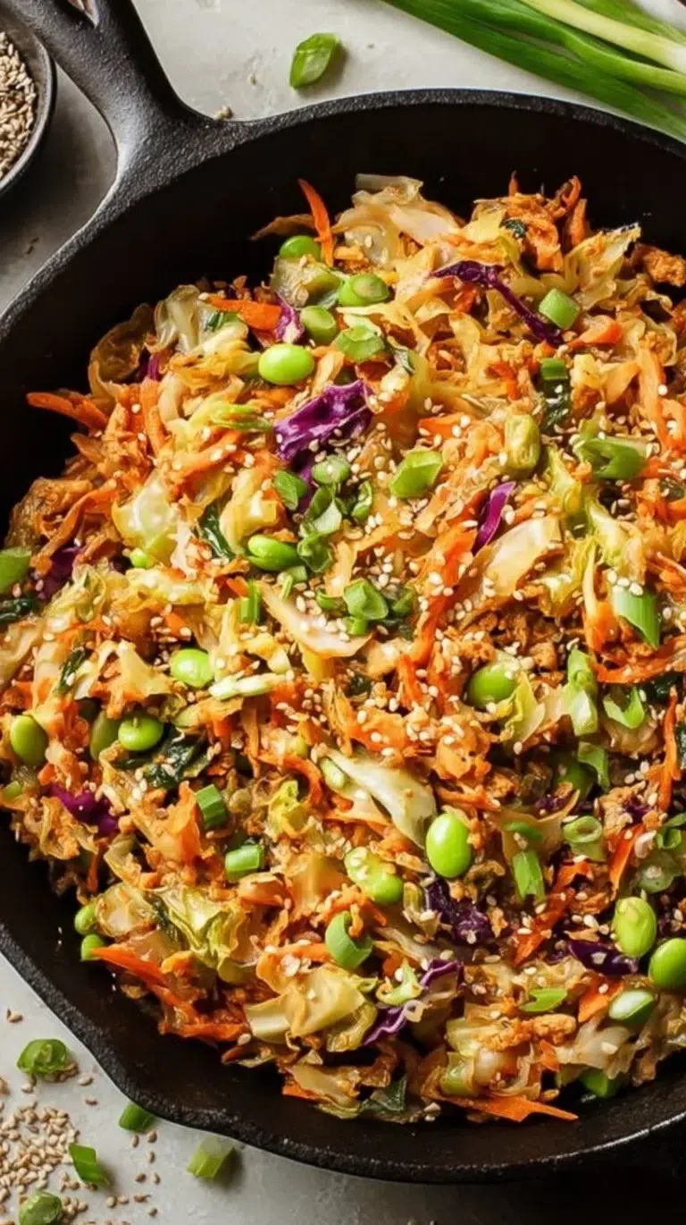 Extra Veggie Turkey Egg Roll In A Bowl with fresh vegetables and turkey.