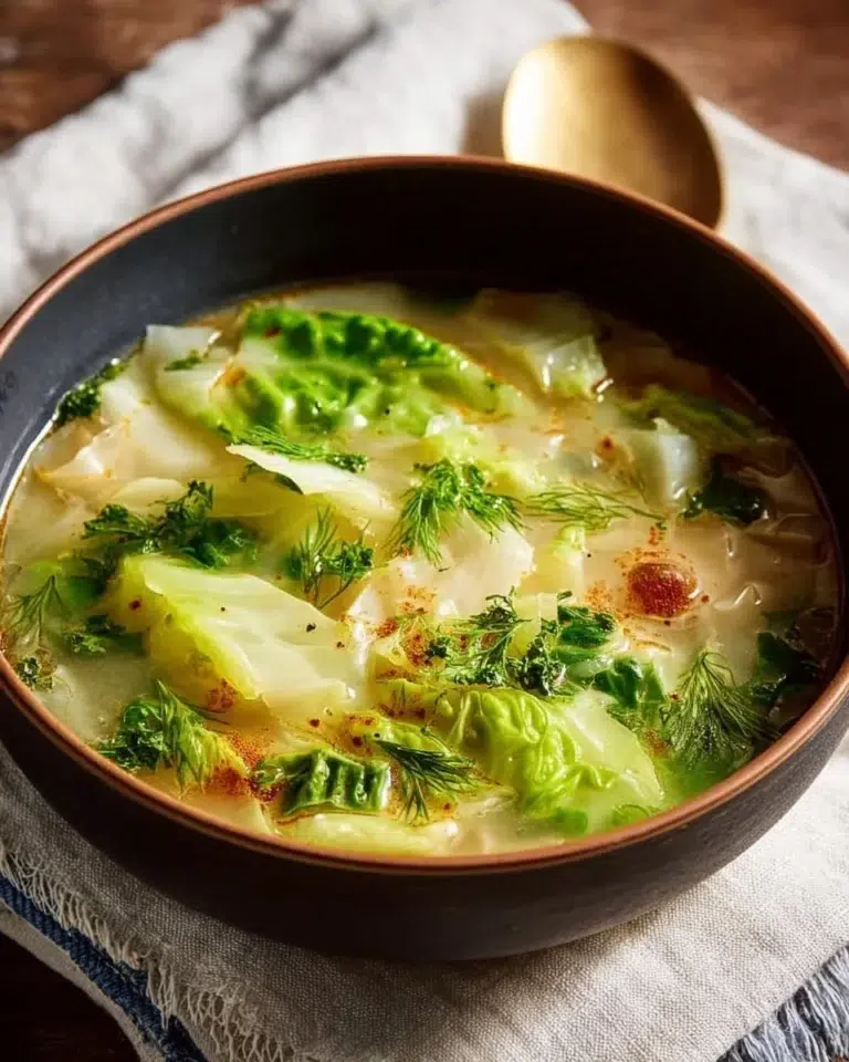 A bowl of garlicky cabbage soup garnished with herbs and garlic.