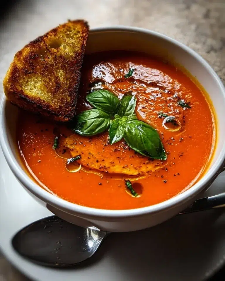 Bowl of Gordon Ramsay-inspired roasted tomato soup garnished with fresh herbs