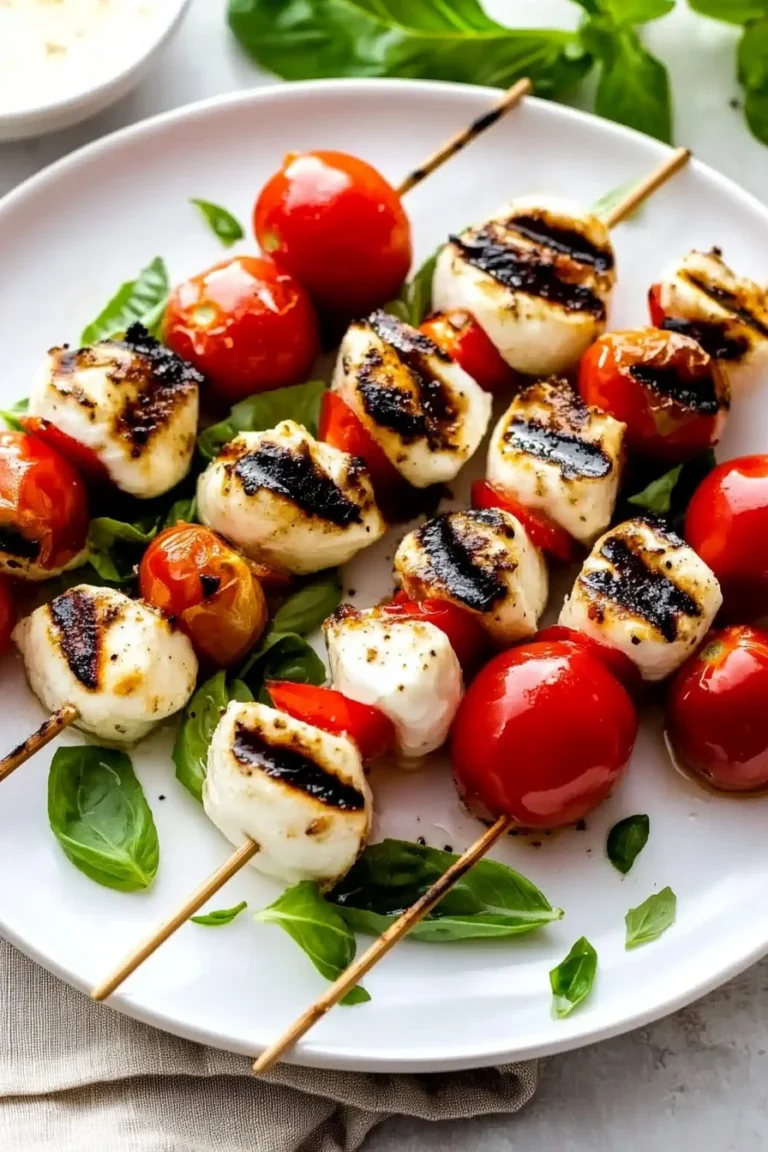 Grilled Caprese skewers with fresh mozzarella and cherry tomatoes on a platter