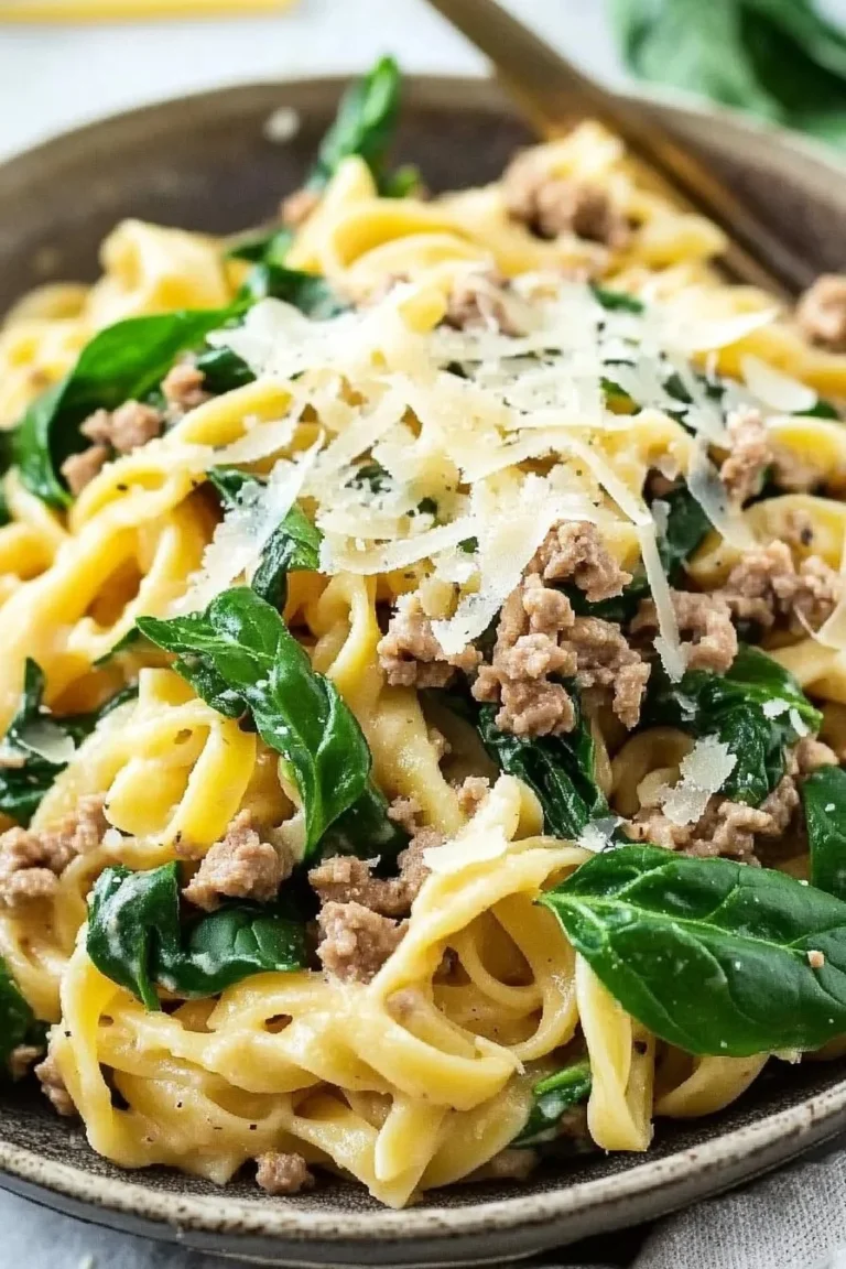 Bowl of ground turkey spinach pasta with fresh ingredients and herbs