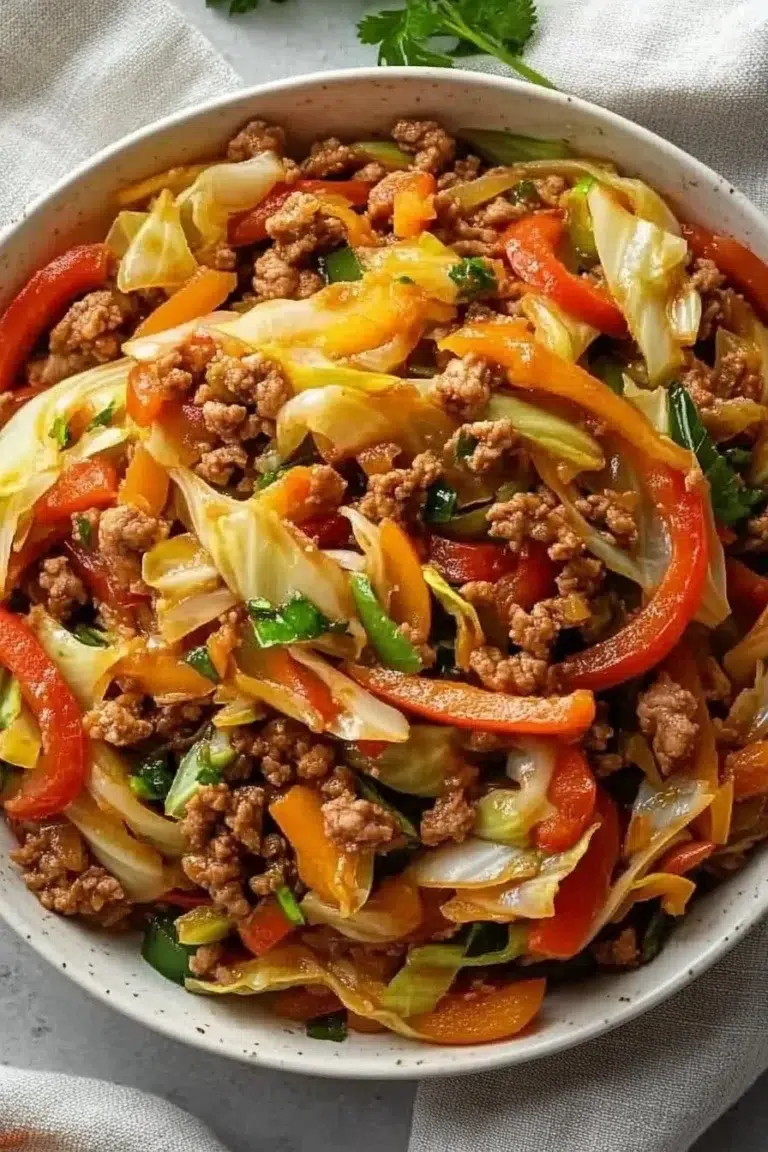 Ground turkey stir-fry with cabbage and peppers in a skillet