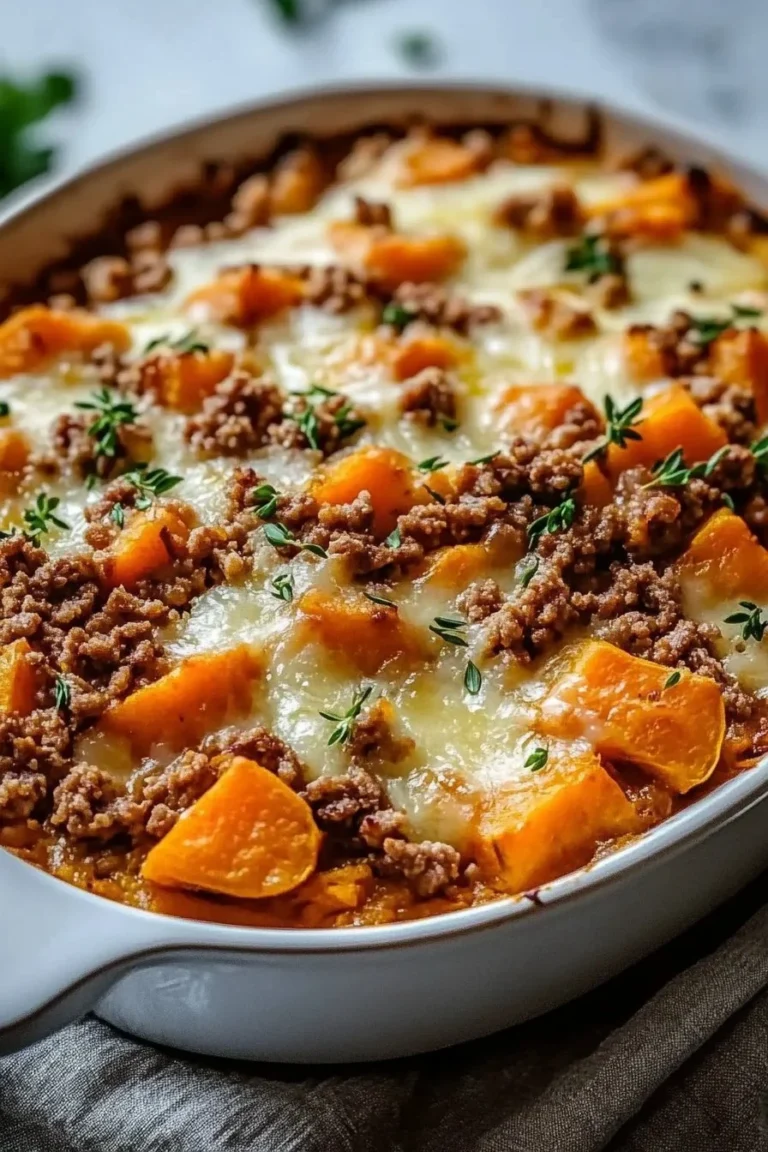 Delicious Ground Turkey Sweet Potato Casserole topped with cheese and herbs