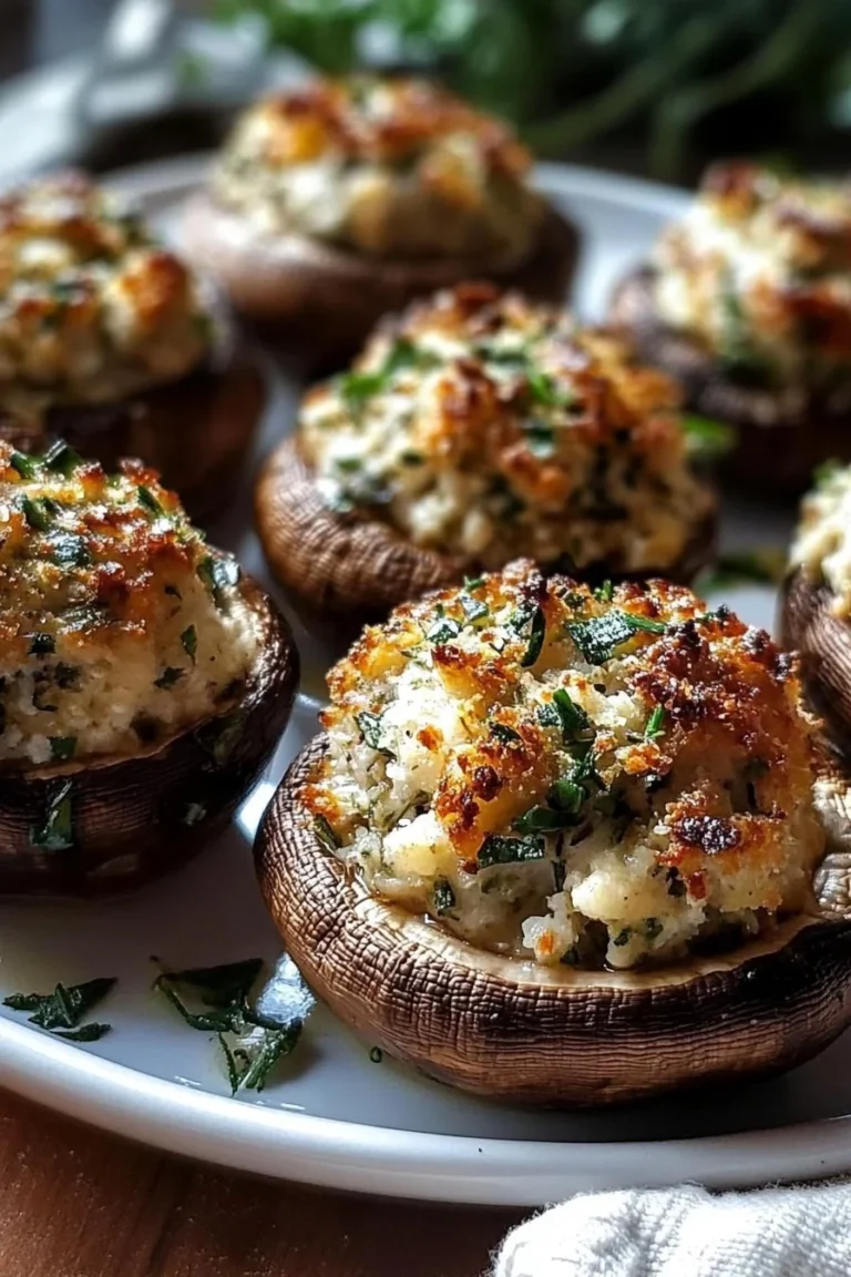 Plate of garlic herb stuffed mushrooms garnished with parsley, ready to serve.