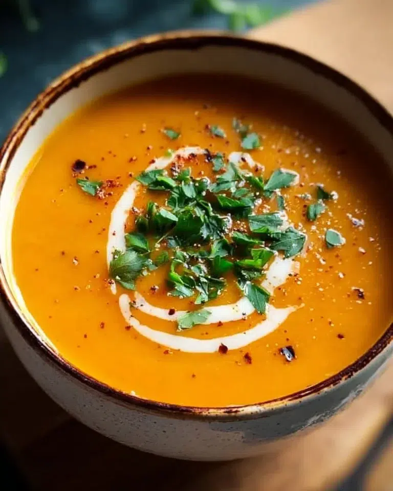 Bowl of healthy butternut squash soup garnished with herbs and spices