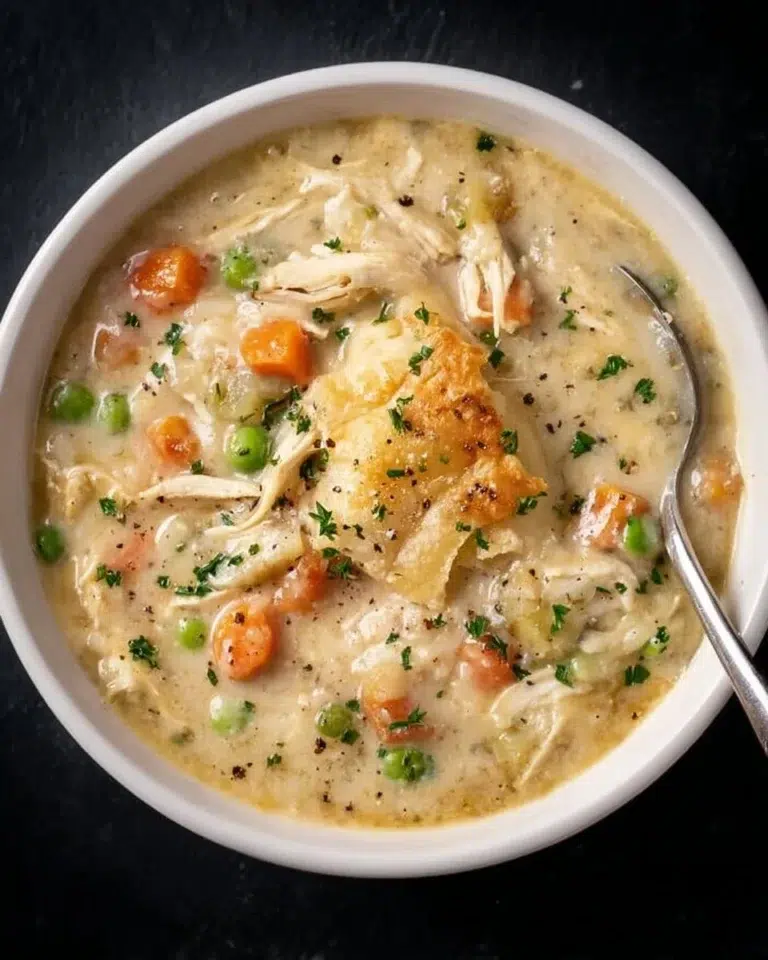 Healthy Chicken Pot Pie Soup in a bowl with fresh vegetables