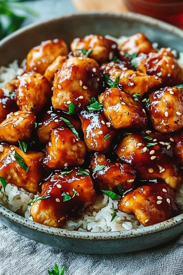 Plate of honey garlic chicken garnished with green onions and sesame seeds