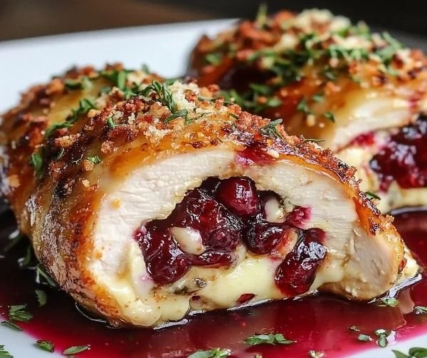Cranberry Brie Stuffed Chicken topped with a rich glaze on a plate
