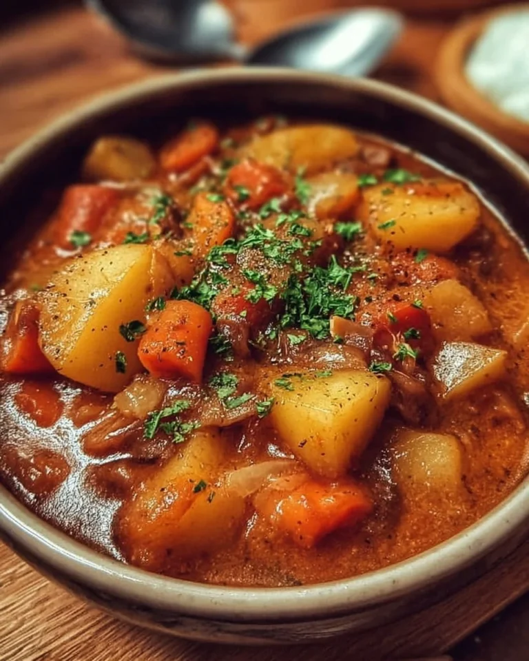 Delicious bowl of Irish Vegetarian Stew with fresh vegetables and herbs.