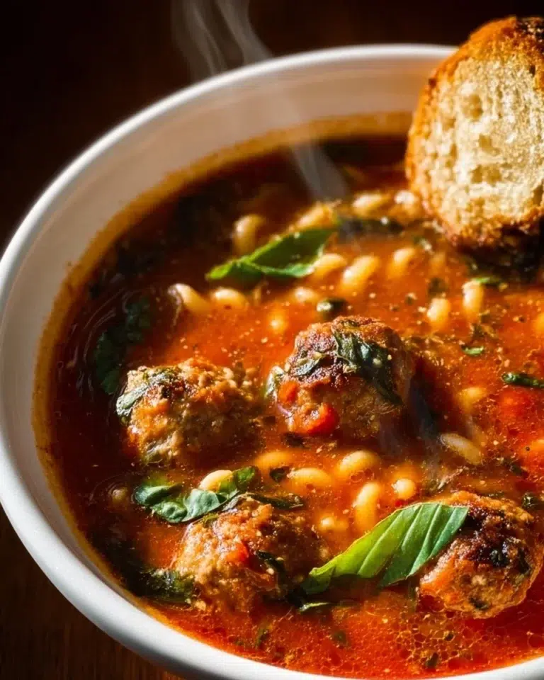 Delicious bowl of Italian meatball soup garnished with herbs and vegetables.