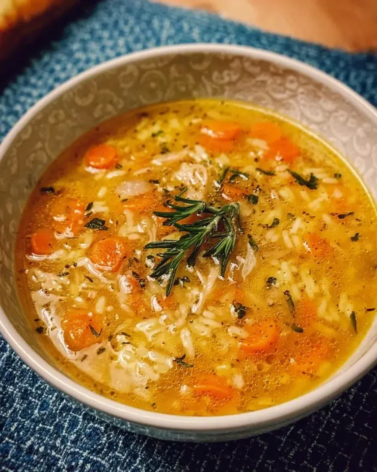 Bowl of Italian Penicillin Soup garnished with herbs and vegetables