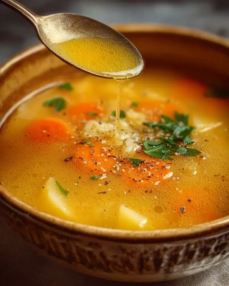 A bowl of Italian Penicillin Soup garnished with herbs and served hot.