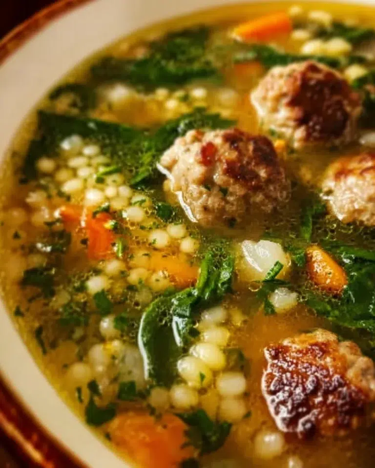 Delicious bowl of Italian Wedding Soup with meatballs and greens