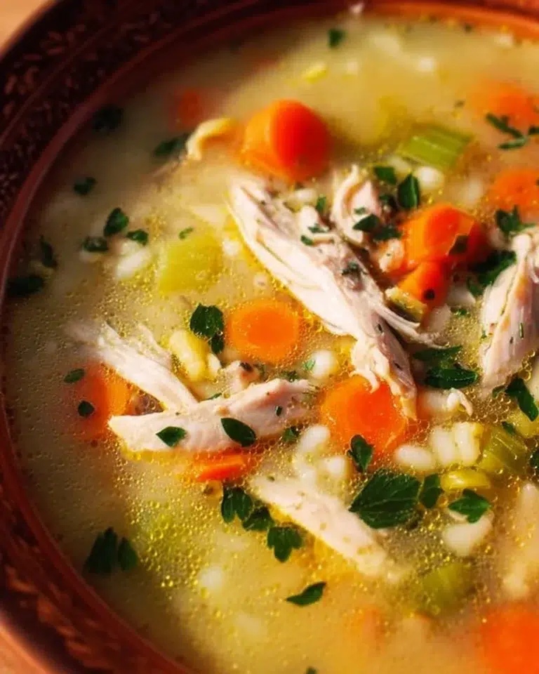 Delicious bowl of leftover turkey soup with vegetables and herbs.