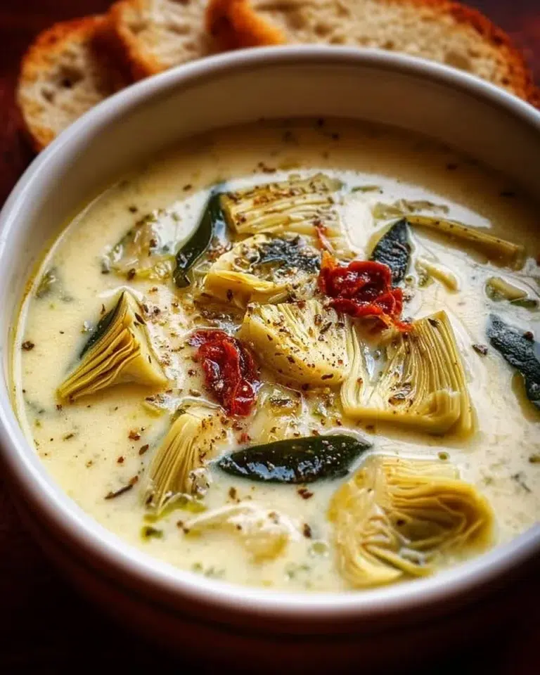 Bowl of Lemony Tuscan Artichoke Soup garnished with fresh herbs