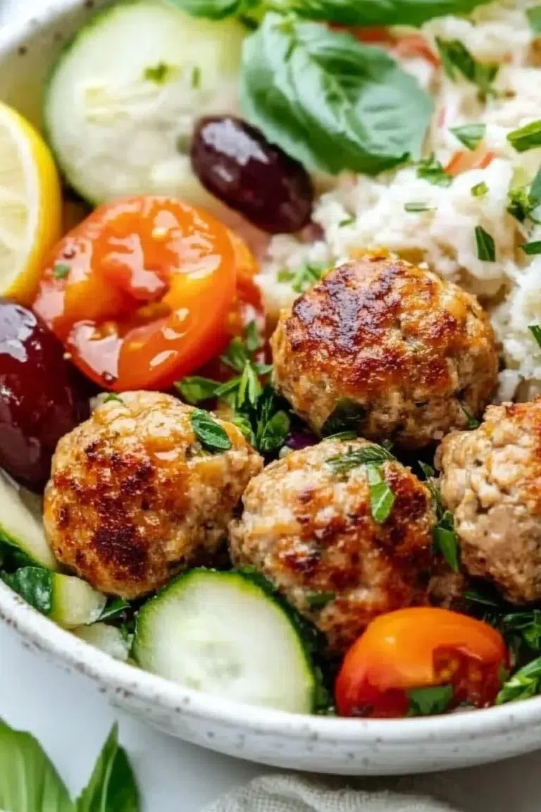 Mediterranean Bowl featuring turkey meatballs and vibrant vegetables