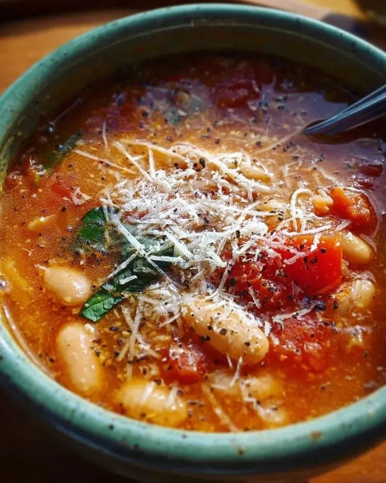 Bowl of creamy Parmesan Tomato Cannellini Bean Soup garnished with fresh herbs