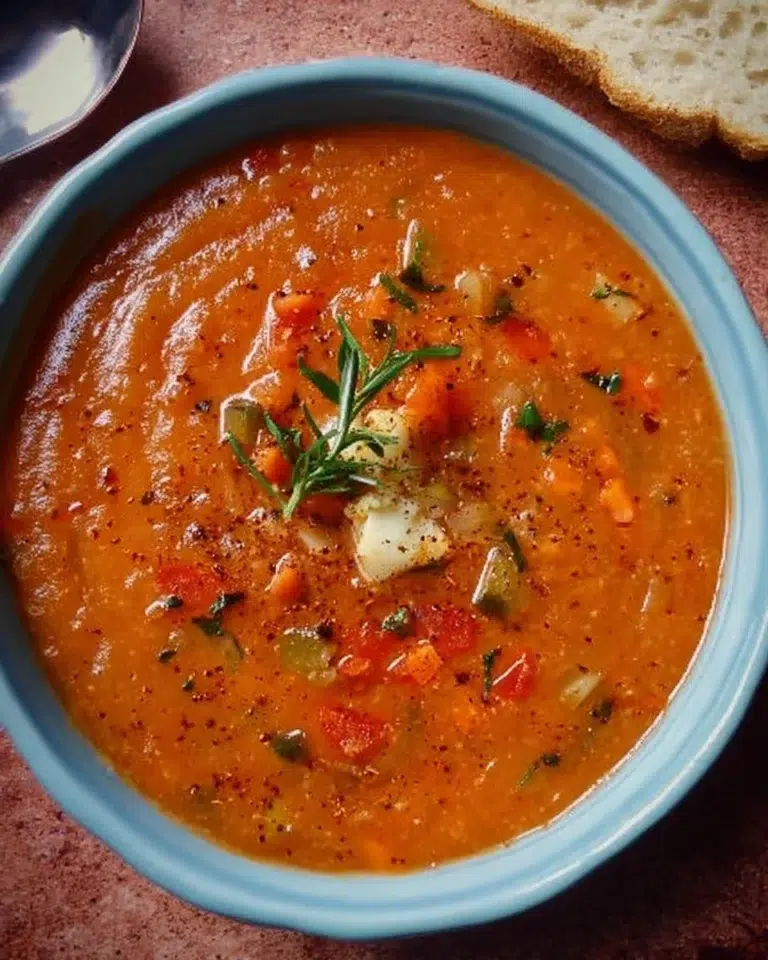 Bowl of flavorful roasted vegetable soup with vibrant colors and ingredients.