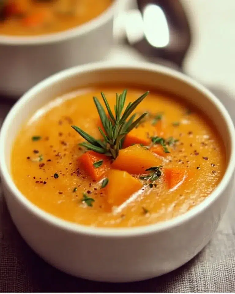 Bowl of delicious roasted vegetable soup with fresh ingredients