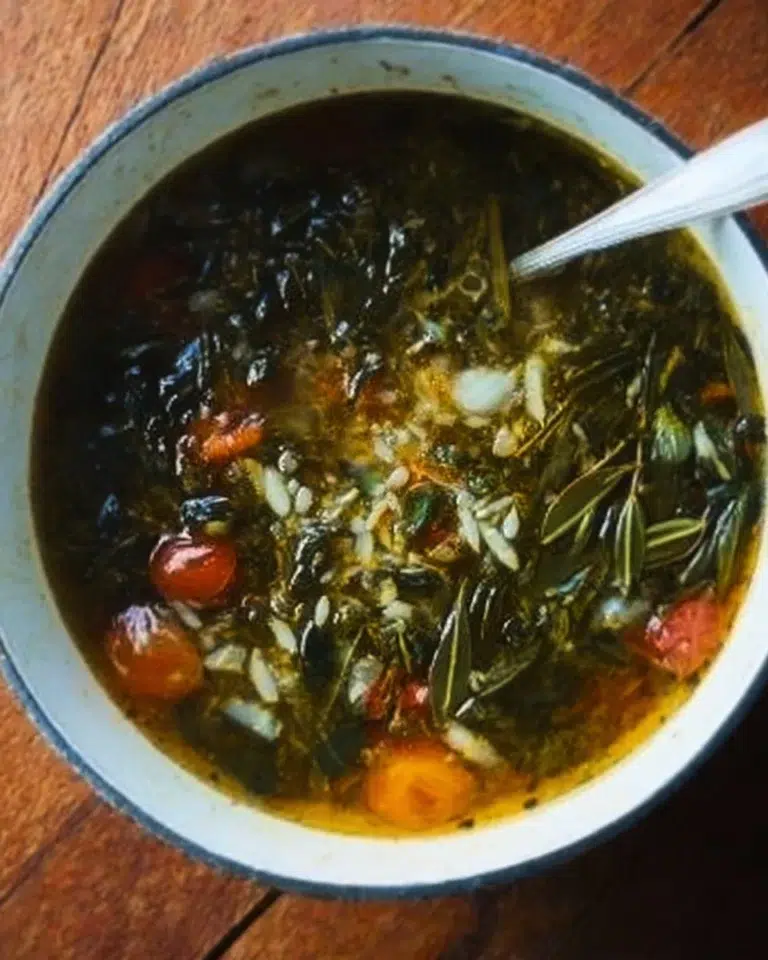 Bowl of Sardinia herb soup with fresh herbs and vegetables