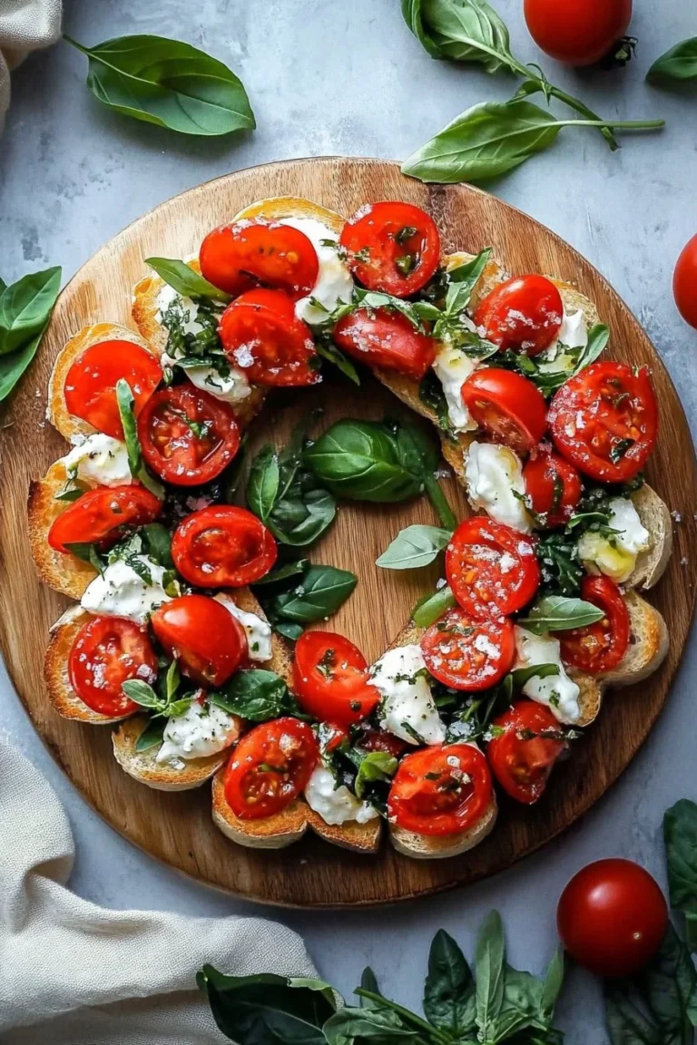 Festive Christmas bruschetta wreath topped with fresh ingredients