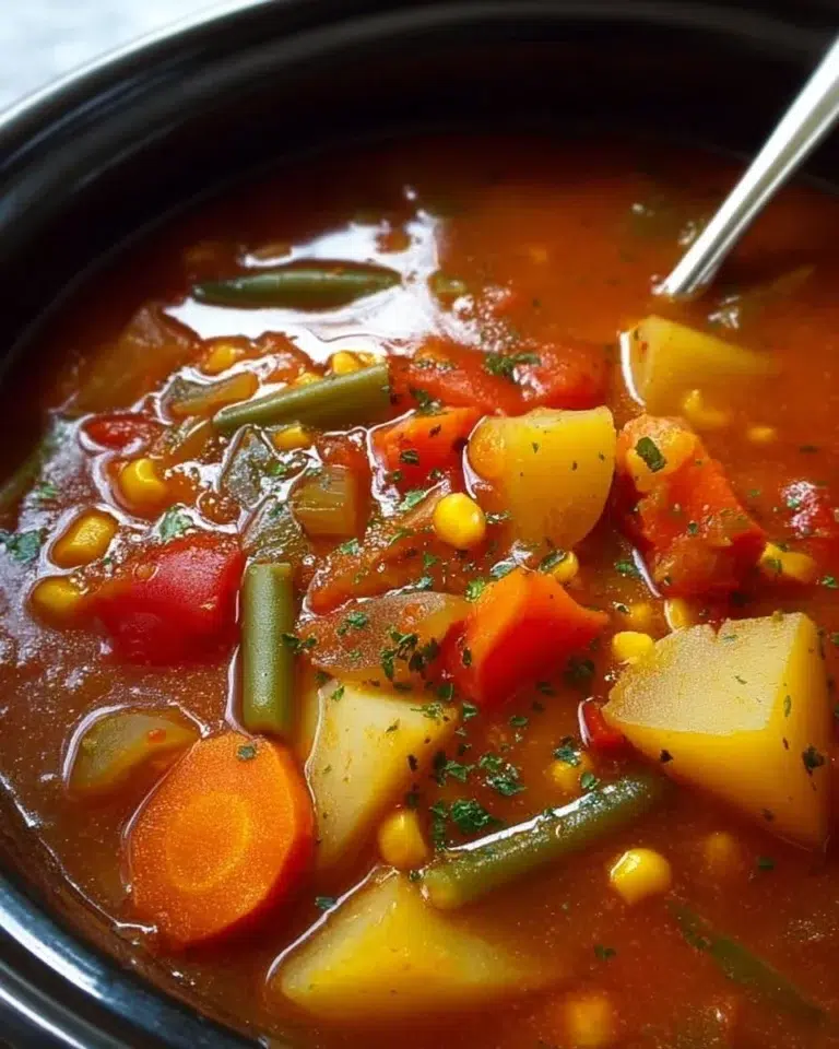 Bowl of slow cooker vegetable soup with fresh veggies and herbs