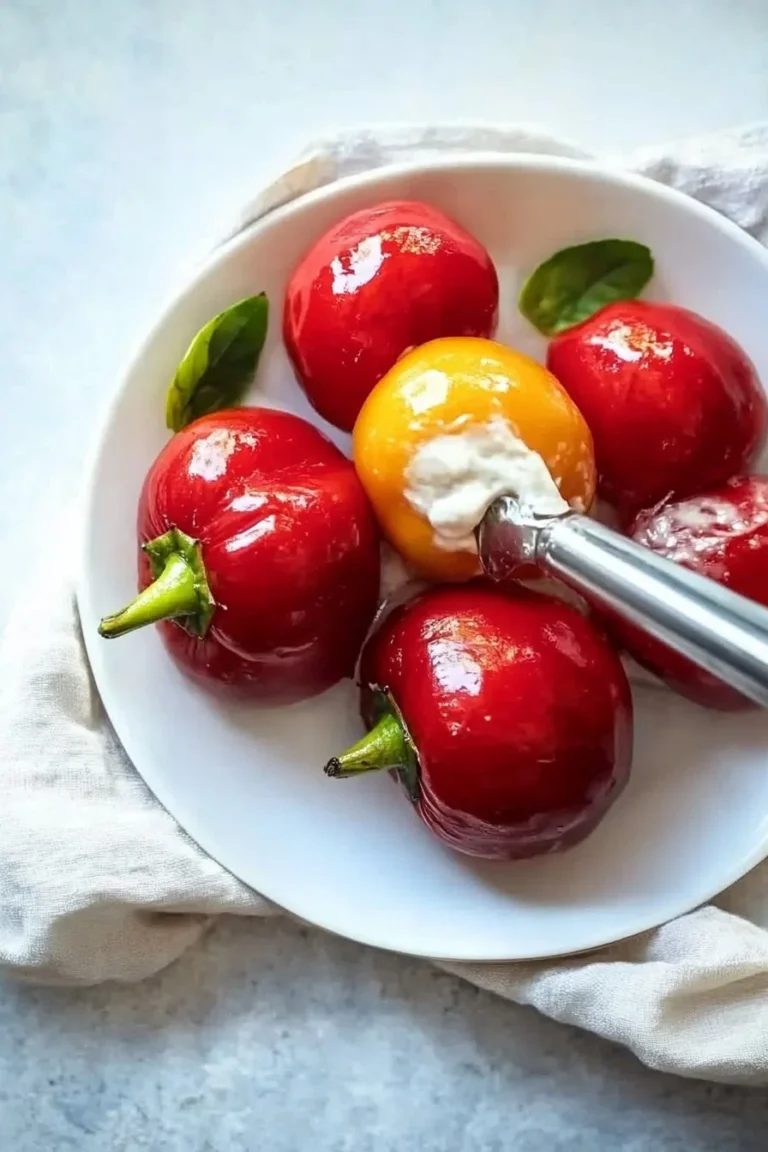 Plate of vibrant stuffed cherry peppers ready to serve as appetizers