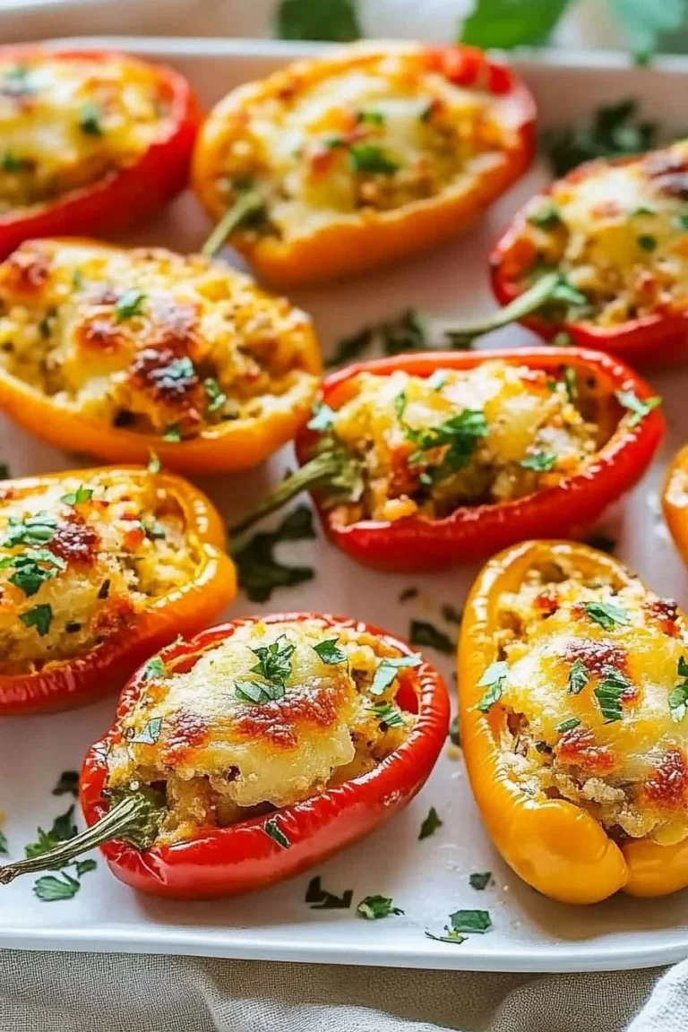 Colorful stuffed mini peppers filled with cheese and spices on a serving platter.