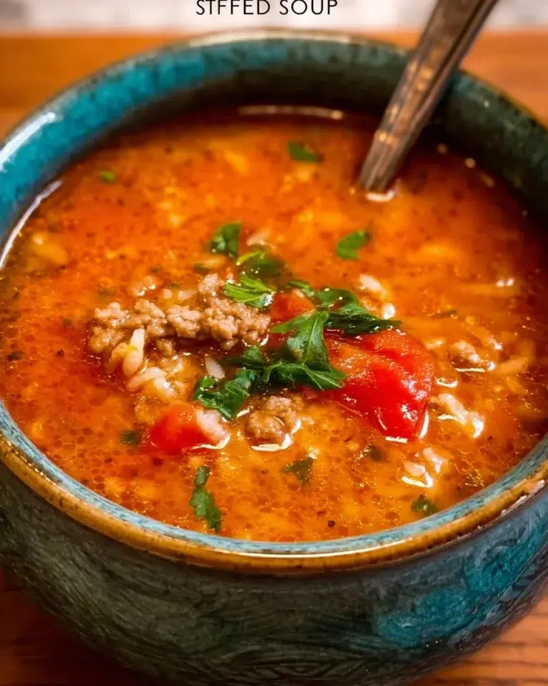 Bowl of flavorful stuffed pepper soup garnished with herbs