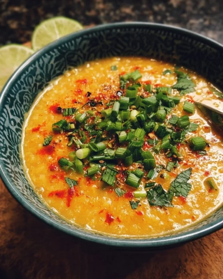 Bowl of Thai Coconut Red Lentil Soup with herbs and spices