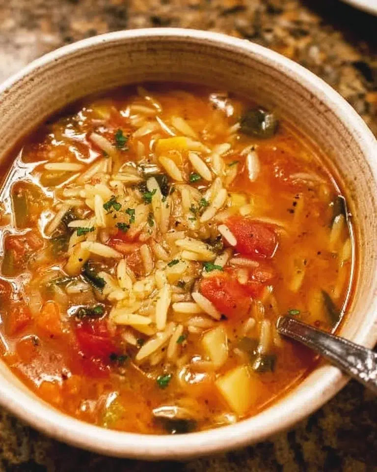 Healthy Vegetable Orzo Soup with colorful vegetables and pasta in a bowl